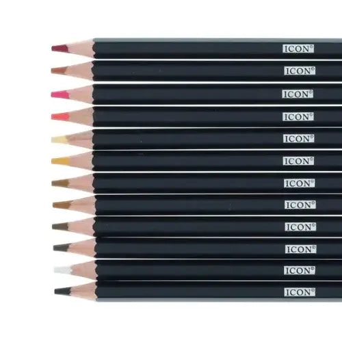Twelve sharpened skin-tone colored pencils with black barrels and ICON logos, showing various flesh-toned tips.