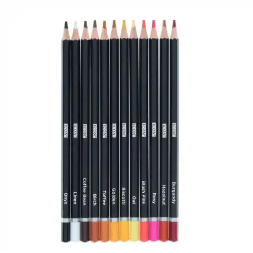 Twelve black pencils with assorted skin-tone tips and labeled ends, ranging from light beige to deep brown and pink.