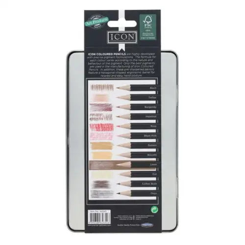 Back of a silver metal tin featuring a black label with 12 skin-toned pencil swatches ranging from light to dark.