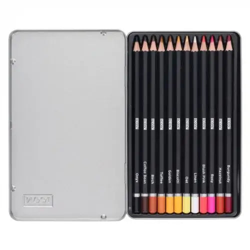 Open silver tin with 12 black coloring pencils featuring skin-tone tips, silver ends, and printed color names.