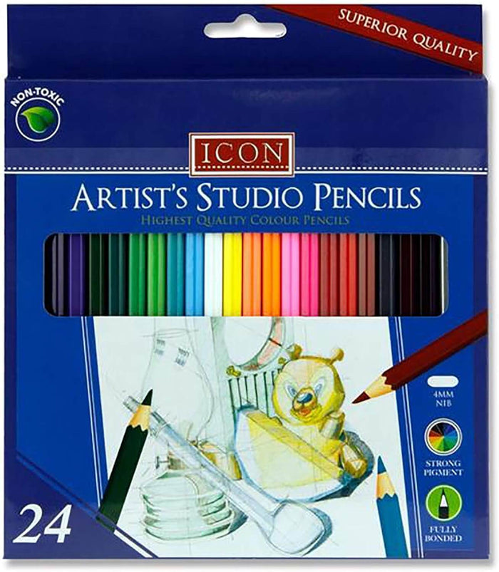 Blue box of 24 Icon colored pencils with a window showing a rainbow of tips and a cartoon mouse drawing.