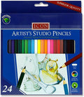 Blue box of 24 Icon colored pencils with a window showing a rainbow of tips and a cartoon mouse drawing.