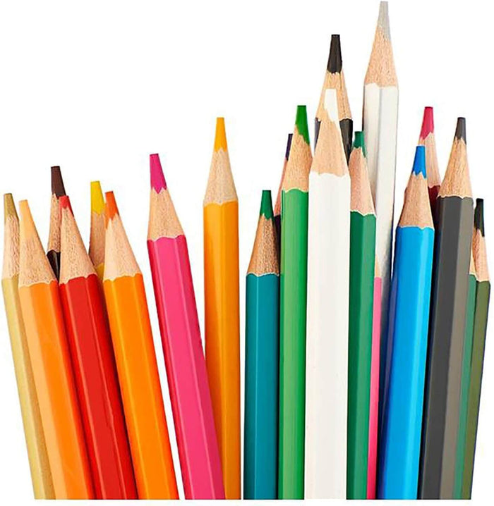 Vibrant sharpened hexagonal coloured pencils standing at various heights against a white background.