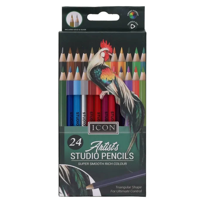 24-pack of Icon Artists Studio triangular colored pencils in a black box featuring a colorful rooster illustration.