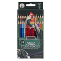24-pack of Icon Artists Studio triangular colored pencils in a black box featuring a colorful rooster illustration.