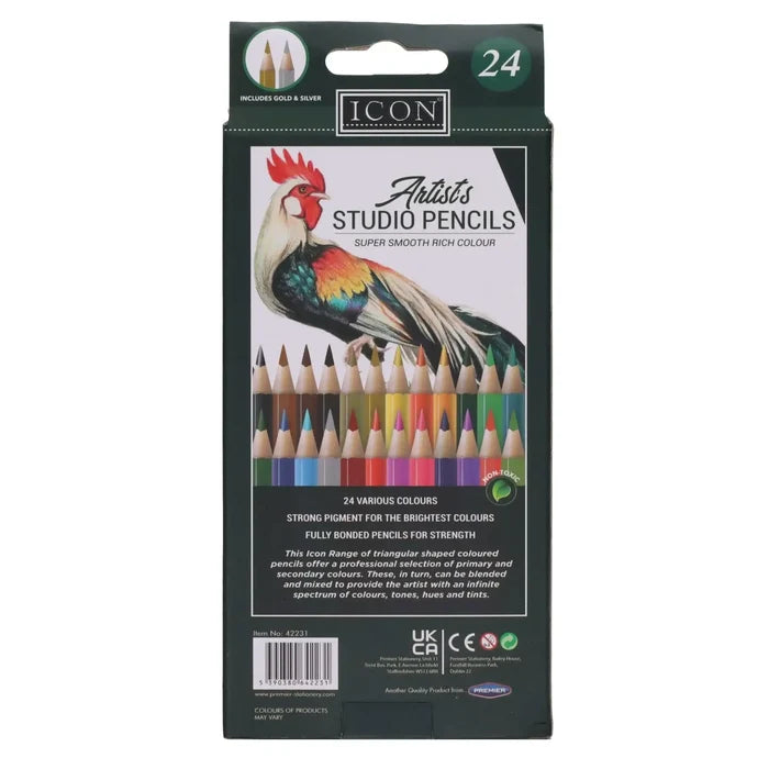 Black box of 24 coloring pencils featuring a vibrant rooster illustration and a row of sharpened pencil tips.