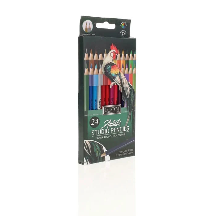 Dark green box of 24 triangular coloring pencils featuring a vibrant rooster illustration and visible pencil tips.