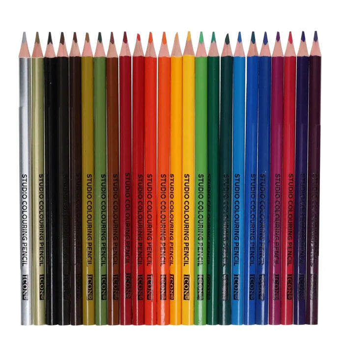 24 sharpened triangular coloring pencils in a vibrant rainbow spectrum, featuring metallic silver and gold.