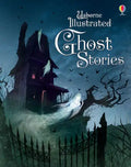 Dark blue book cover featuring a haunted house, flowing white ghosts, and bare trees against a foggy, moonlit night sky.