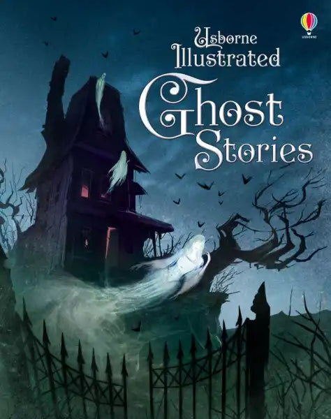 Dark blue book cover featuring a haunted house, flowing white ghosts, and bare trees against a foggy, moonlit night sky.
