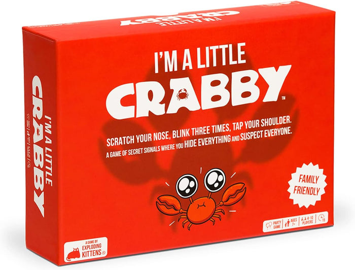 Bright red rectangular game box with bold white title and a cartoon orange crab illustration with large eyes and claws.