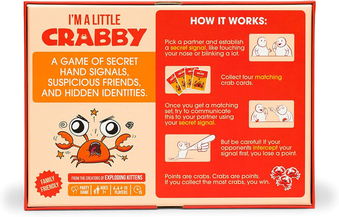 Orange and red game box featuring an angry cartoon crab and diagrams explaining secret hand signal gameplay.