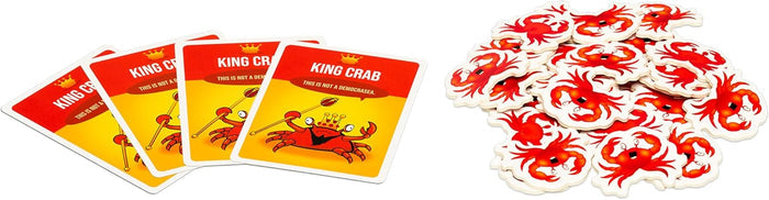 Four yellow cards featuring a cartoon king crab next to a pile of small, white and red crab-shaped tokens.