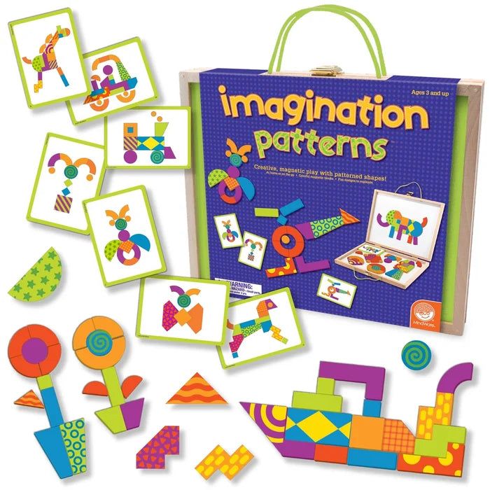 Wooden case with colorful patterned magnetic shapes and design cards to build objects like a ship and flowers.