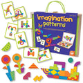 Wooden case with colorful patterned magnetic shapes and design cards to build objects like a ship and flowers.