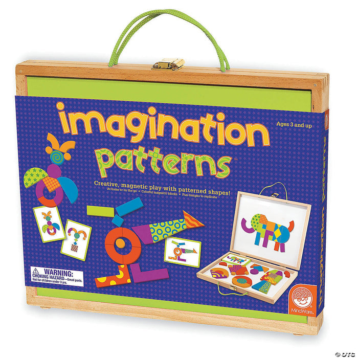 Wooden case for magnetic blocks with colorful patterned shapes, design cards, and a green handle for easy travel.