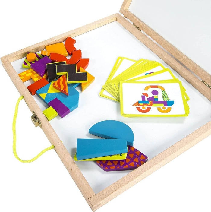 Wooden case with a whiteboard lid filled with colorful magnetic geometric shapes and cards showing design patterns.