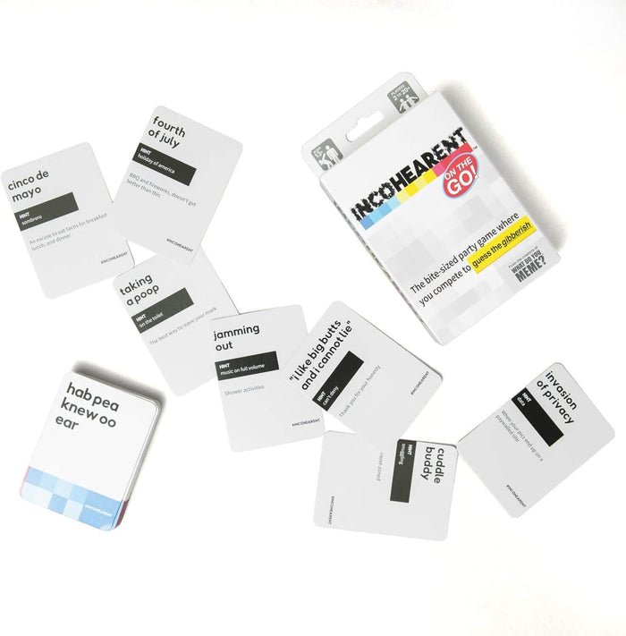 White Incohearent On The Go box and scattered game cards with gibberish phrases and hints on a white background.