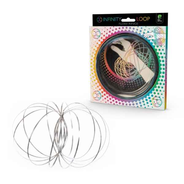 Silver metal kinetic flow rings expanded into a sphere next to a colorful box showing a hand using the toy.
