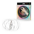 Silver metal kinetic flow rings expanded into a sphere next to a colorful box showing a hand using the toy.