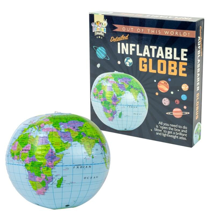 Inflated world map globe with blue oceans and colorful landmasses beside its dark blue space-themed packaging.