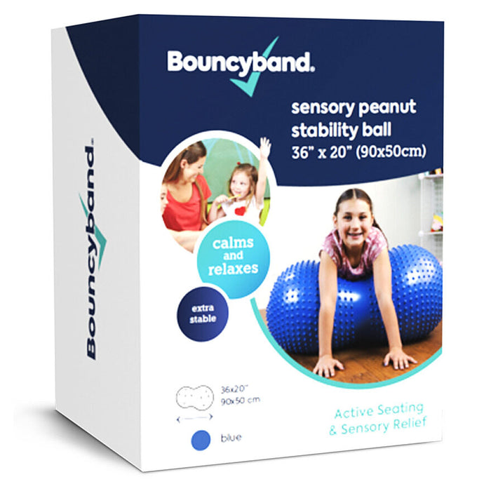 Product box for a blue, bumpy peanut-shaped sensory roller with tactile nubs, featuring a girl using it.