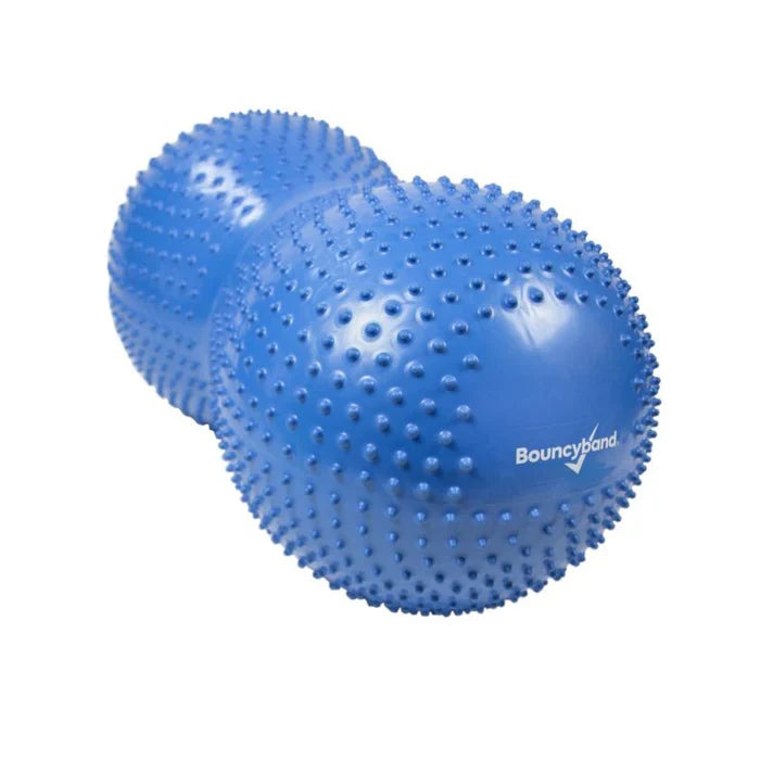 Blue peanut-shaped inflatable sensory roller covered in small tactile nubs with the Bouncyband logo.