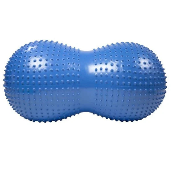 Blue peanut-shaped inflatable sensory roller with small, raised tactile nubs across its entire surface.