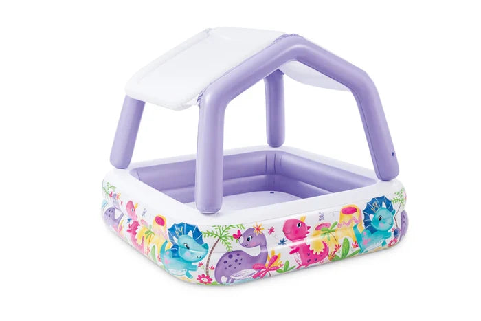 Square inflatable pool with purple support beams, white sunshade, and colorful cartoon dinosaur graphics on the base.