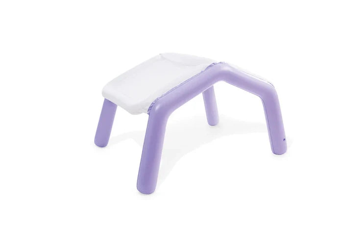 Purple and white inflatable sun shade with a rectangular top supported by four thick, rounded legs.