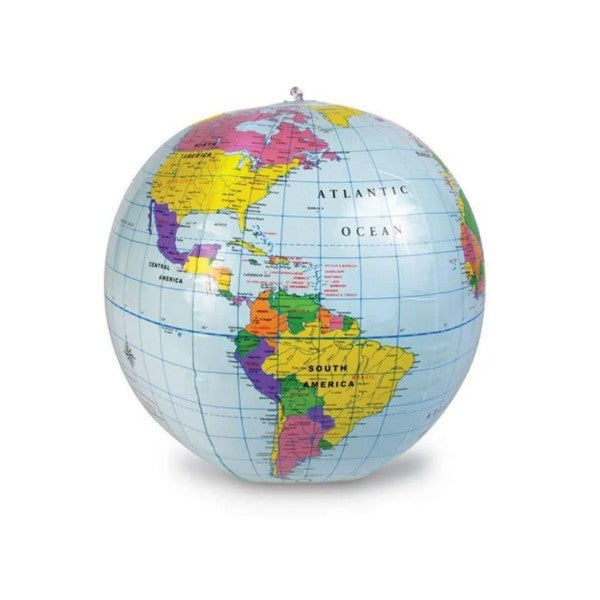 Inflatable globe ball with colorful continents, light blue oceans, grid lines, and an air valve at the top.