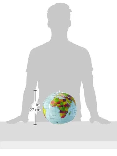 11-inch inflatable globe with a colorful world map, shown for scale against a gray person silhouette.