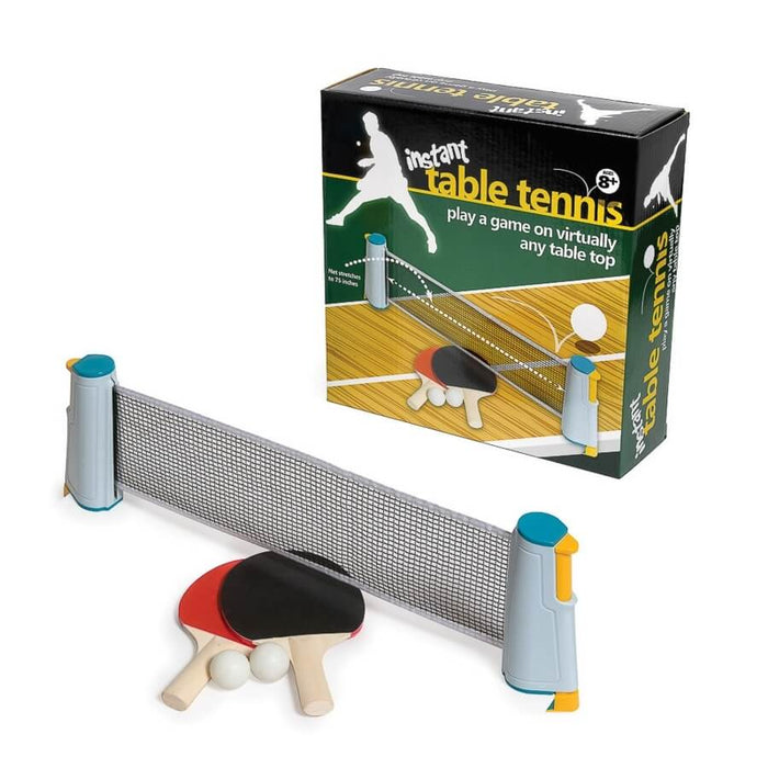 Retractable grey and teal net, red and black paddles, and white balls next to the black and yellow product box.