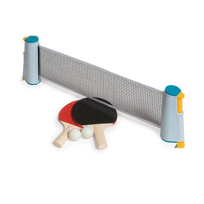 Retractable table tennis net with blue posts, two red and black wooden paddles, and two white balls.