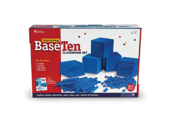 Red and white box of blue interlocking plastic base ten blocks: large cubes, flat squares, rods, and small units.