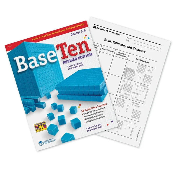 Base Ten activity book and worksheet with blue interlocking block illustrations for grades 3-6.