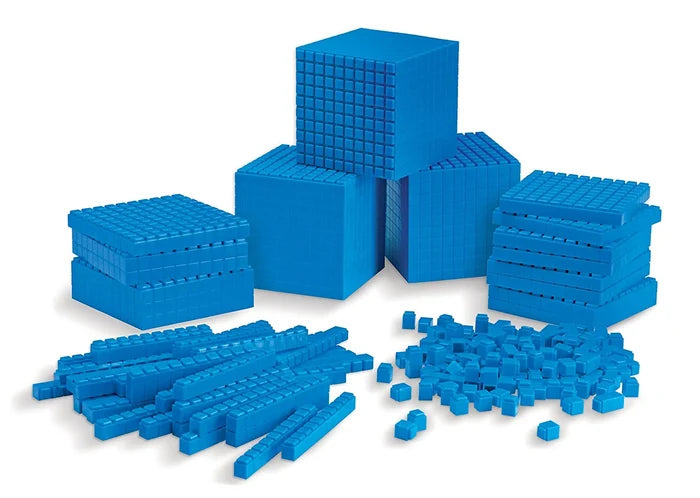 Bright blue interlocking math blocks featuring large cubes, flat squares, long rods, and many small single units.
