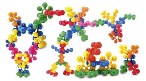 Vibrant red, blue, green, and yellow ridged plastic pieces built into various models like a person and a vehicle.
