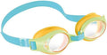 Kids' swimming goggles with light blue straps, lime green frames, orange gaskets, and clear oval lenses.
