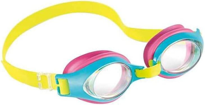 Brightly colored kids swimming goggles with blue and pink frames, clear lenses, and a yellow adjustable strap.