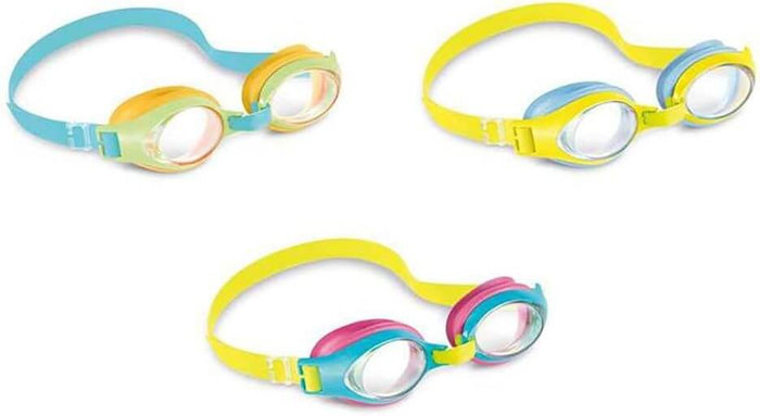 Three pairs of colorful kids' swim goggles with adjustable straps and oval lenses in blue, yellow, and pink.