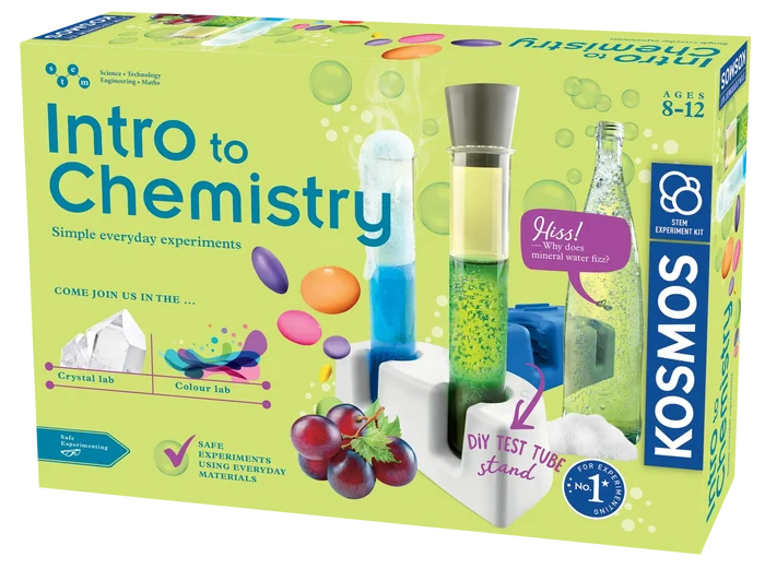 Lime green box with foaming test tubes, grapes, and a bottle of mineral water. Text reads Intro to Chemistry, ages 8-12.