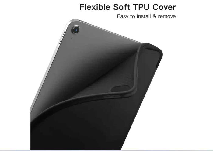 Black techplus trifold case for iPad Air 4 and 5, slim smart cover with foldable front for 10.9-inch handheld device protection.