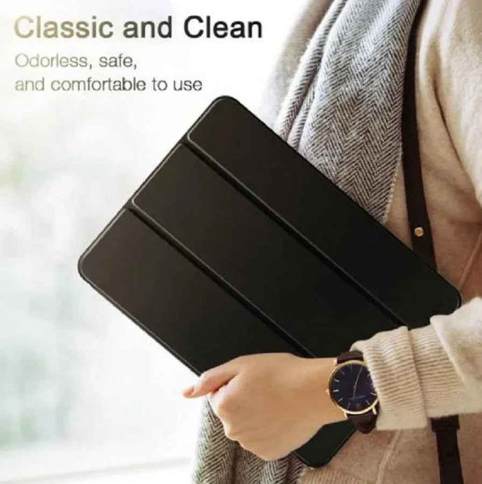 Black techplus trifold case for iPad Air 4 and 5, slim smart cover for 10.9-inch handheld device accessory.