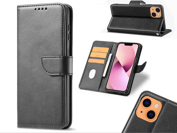 Black TechPlus iPhone 11 wallet case with slim leather flip cover and built-in card holder, designed for secure phone protection.