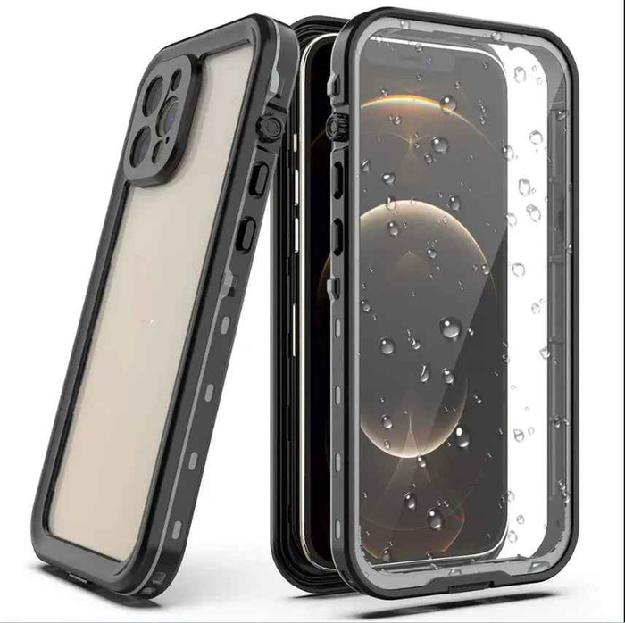 Techplus iPhone 12 Pro waterproof case in red with full protective cover, designed to keep the phone safe from water and damage.