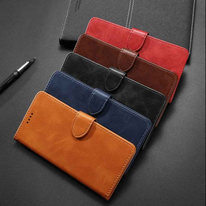 Black TechPlus iPhone 12 wallet case with slim leather flip cover and integrated card holder for convenient storage.