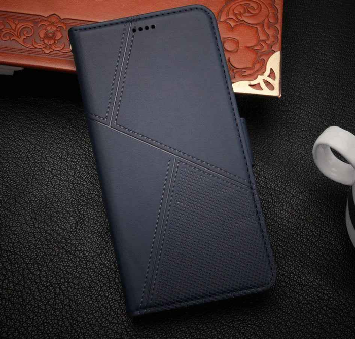 Techplus iPhone 13 flip wallet case in black cowhide with a dotted pattern, designed for stylish mobile protection.