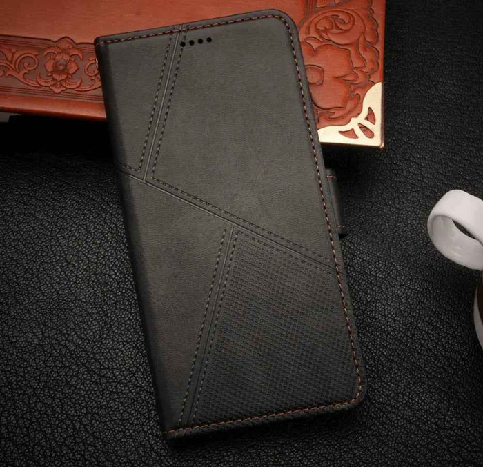 Black cowhide flip wallet case for iPhone 13 Mini by techplus, featuring a stylish dot pattern and protective design.