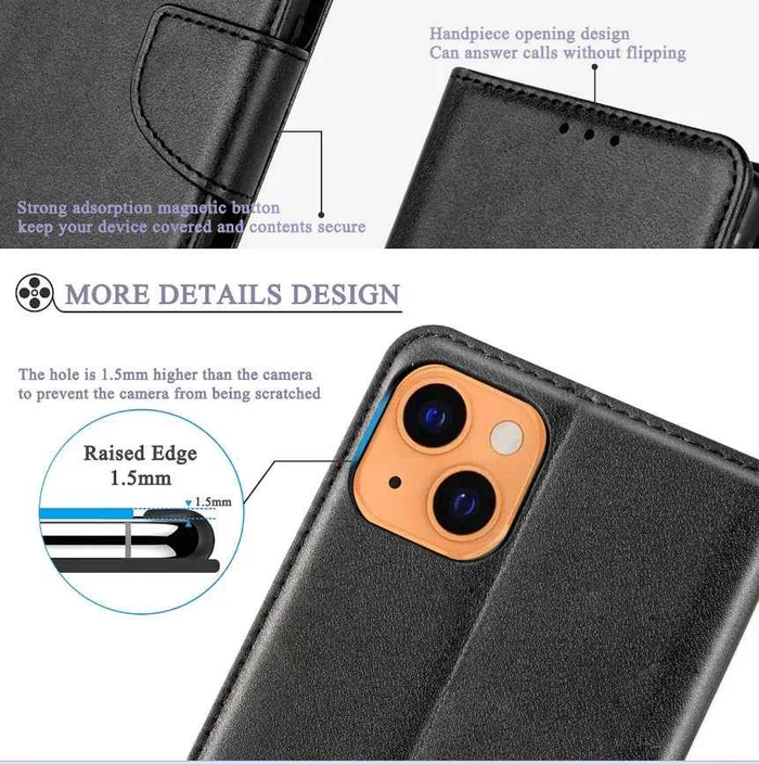 Black leather iPhone 13 Mini wallet case with slim flip cover by TechPlus, featuring card slots and protective design.